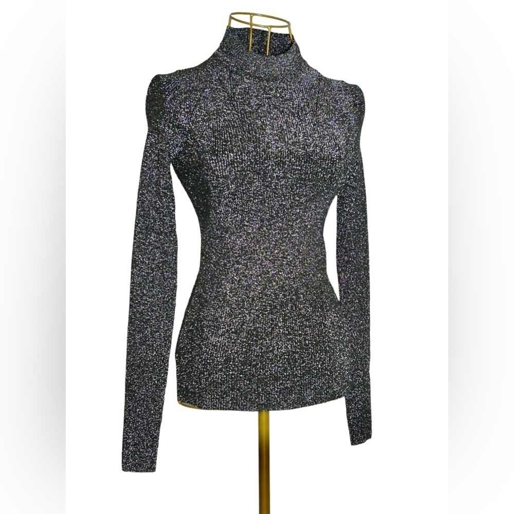 NWT Lulus Sparkly Black & Silver Form-Fitted Long Sleeve High-Neck Sweater, M